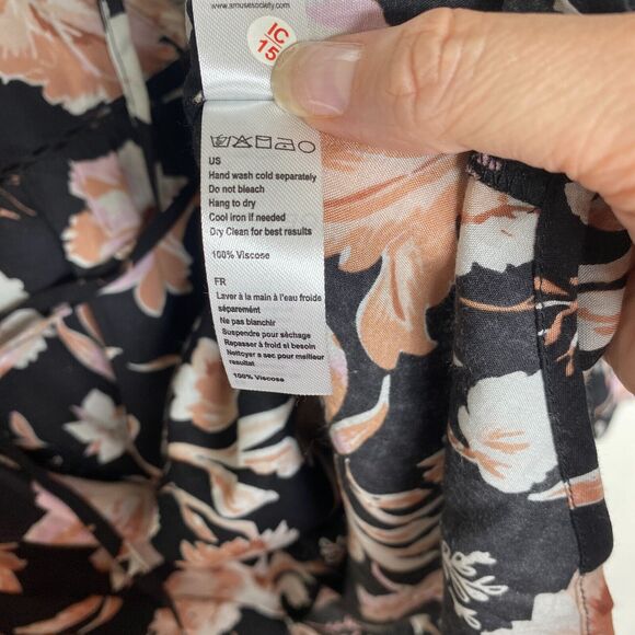 NWT Amuse Society Black Peach Pink Floral Long Bell Sleeve VNeck Boho Blouse SM - Picture 9 of 12